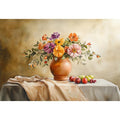 Floral still life canvas art with vase and fruit for dining room decor.