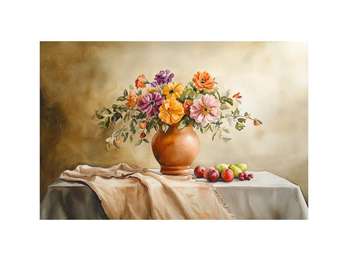 Floral still life canvas art with vase and fruit for dining room decor.