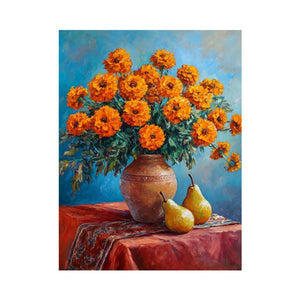 Orange marigold canvas print with pears for modern living room decor.