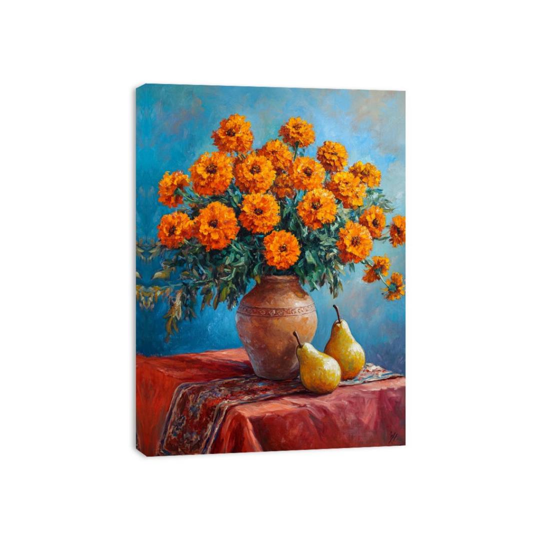 Orange marigold canvas print with pears for modern living room decor.