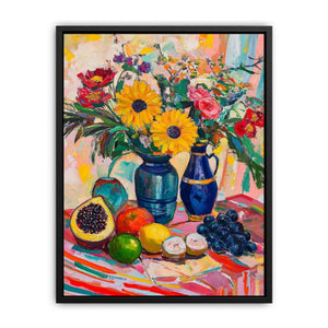 Colourful floral still life artwork with fruit and vases for kitchen decor.