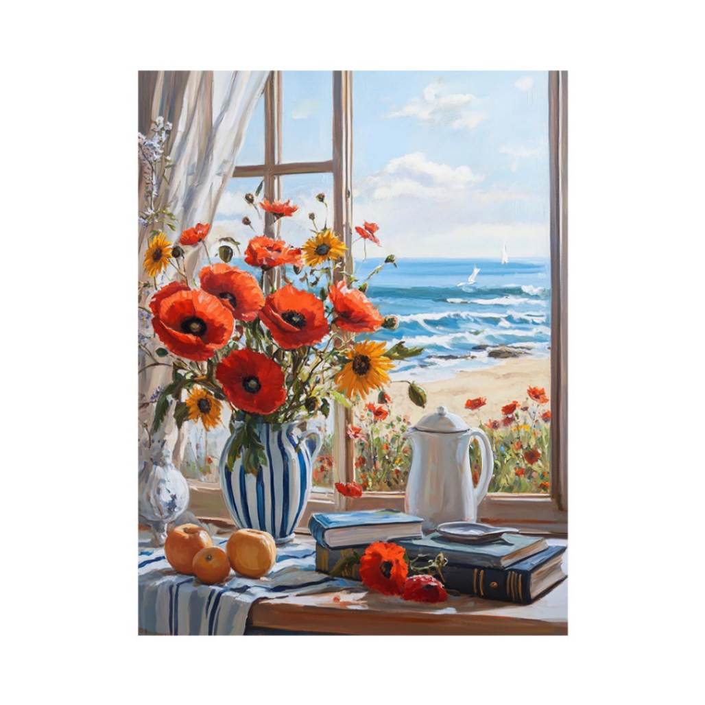 Coastal poppy canvas art with ocean window view for beach house decor.