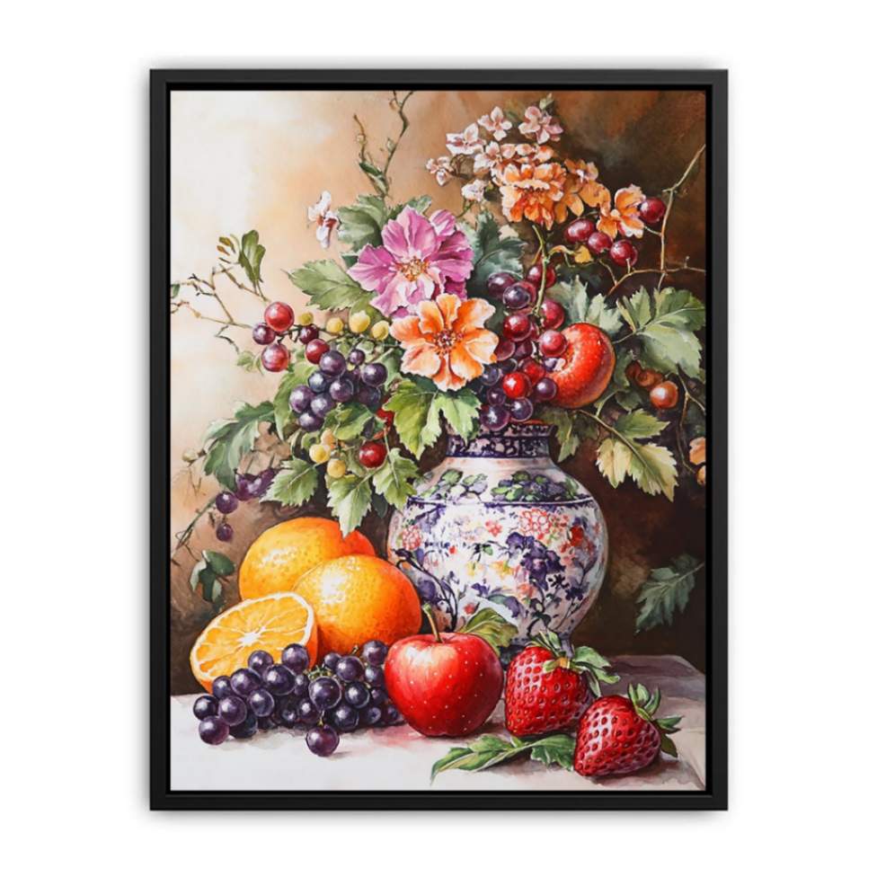 Fruit and floral canvas print with porcelain vase for dining room decor.