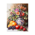 Fruit and floral canvas print with porcelain vase for dining room decor.