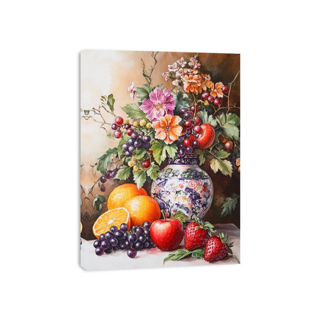 Fruit and floral canvas print with porcelain vase for dining room decor.