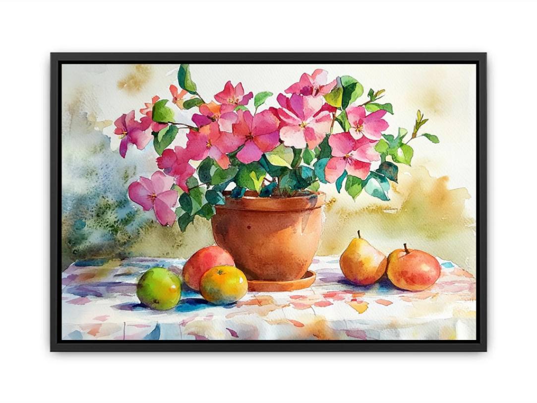 Watercolor flower canvas with potted blooms and fruit for kitchen decor.