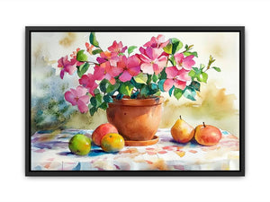 Watercolor flower canvas with potted blooms and fruit for kitchen decor.
