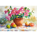 Watercolor flower canvas with potted blooms and fruit for kitchen decor.