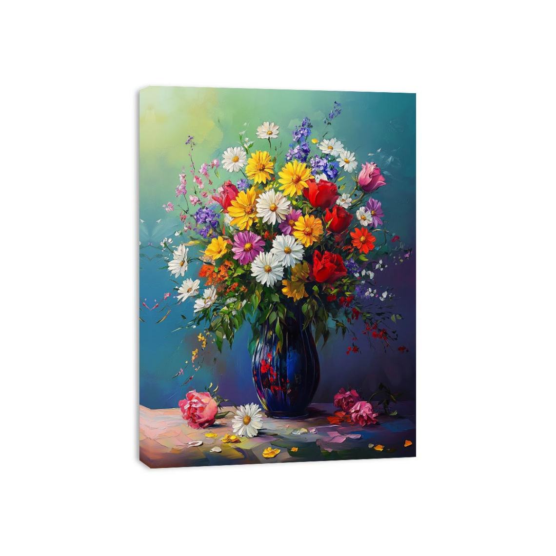 Floral vase canvas art with daisies and roses for luxury living room decor.