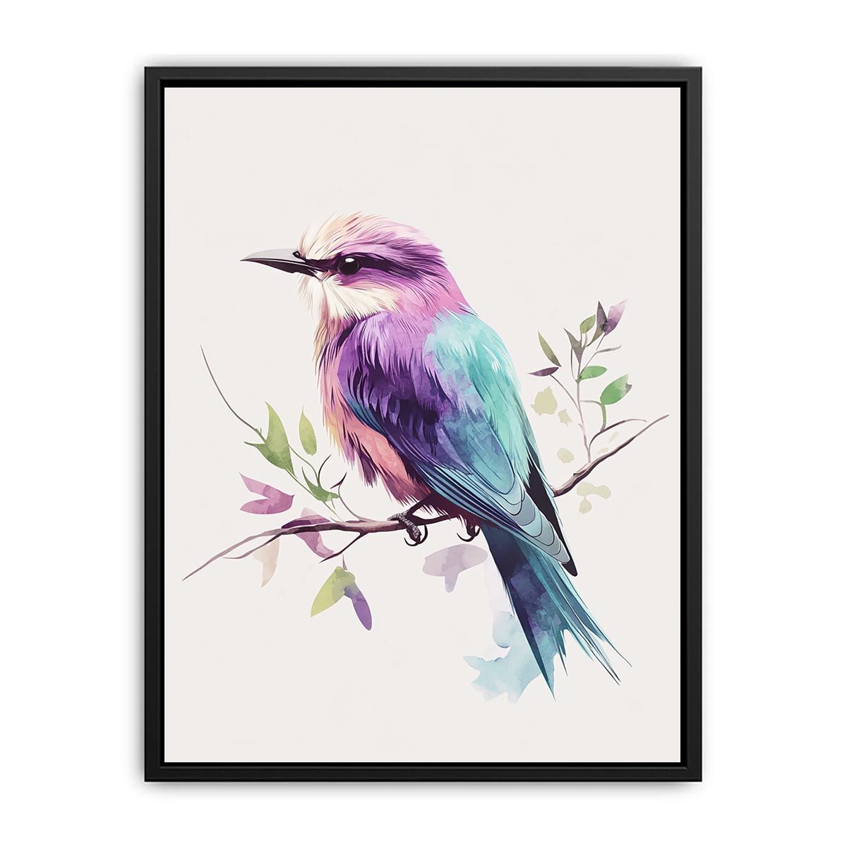 Purple bird canvas print with botanical branch for bedroom decor.