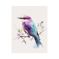 Purple bird canvas print with botanical branch for bedroom decor.