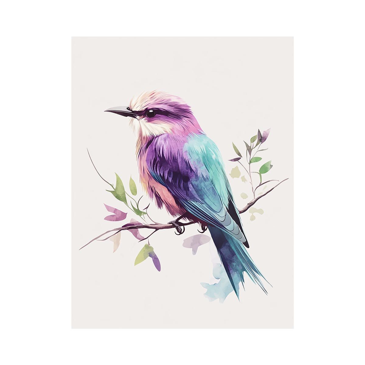 Purple bird canvas print with botanical branch for bedroom decor.
