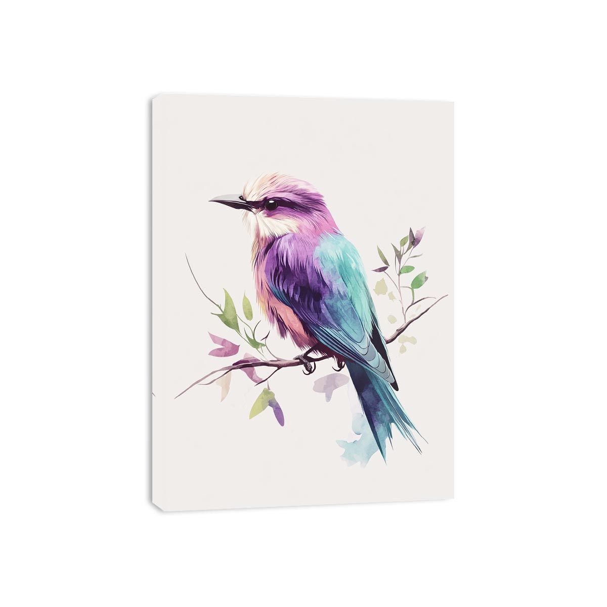 Purple bird canvas print with botanical branch for bedroom decor.