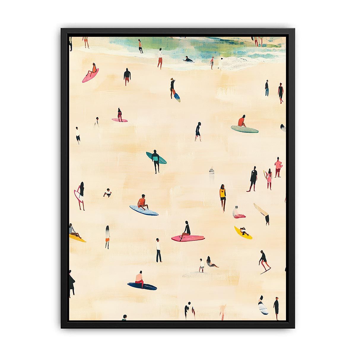 Beach surfer artwork with small figures and boards for coastal room decor.