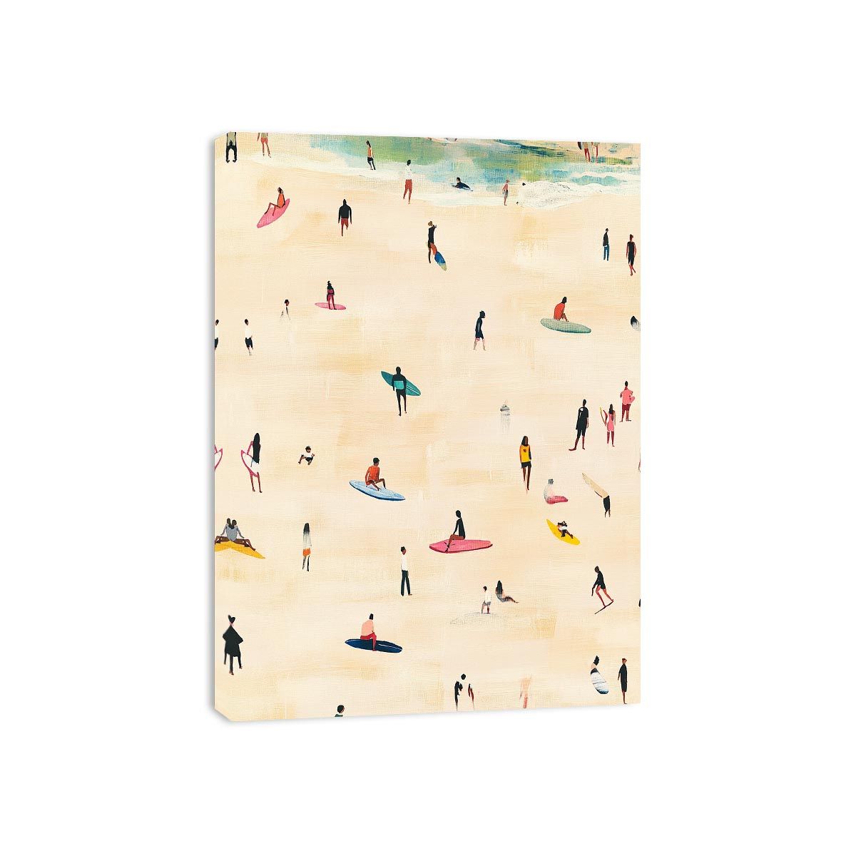 Beach surfer artwork with small figures and boards for coastal room decor.