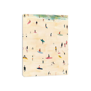 Beach surfer artwork with small figures and boards for coastal room decor.