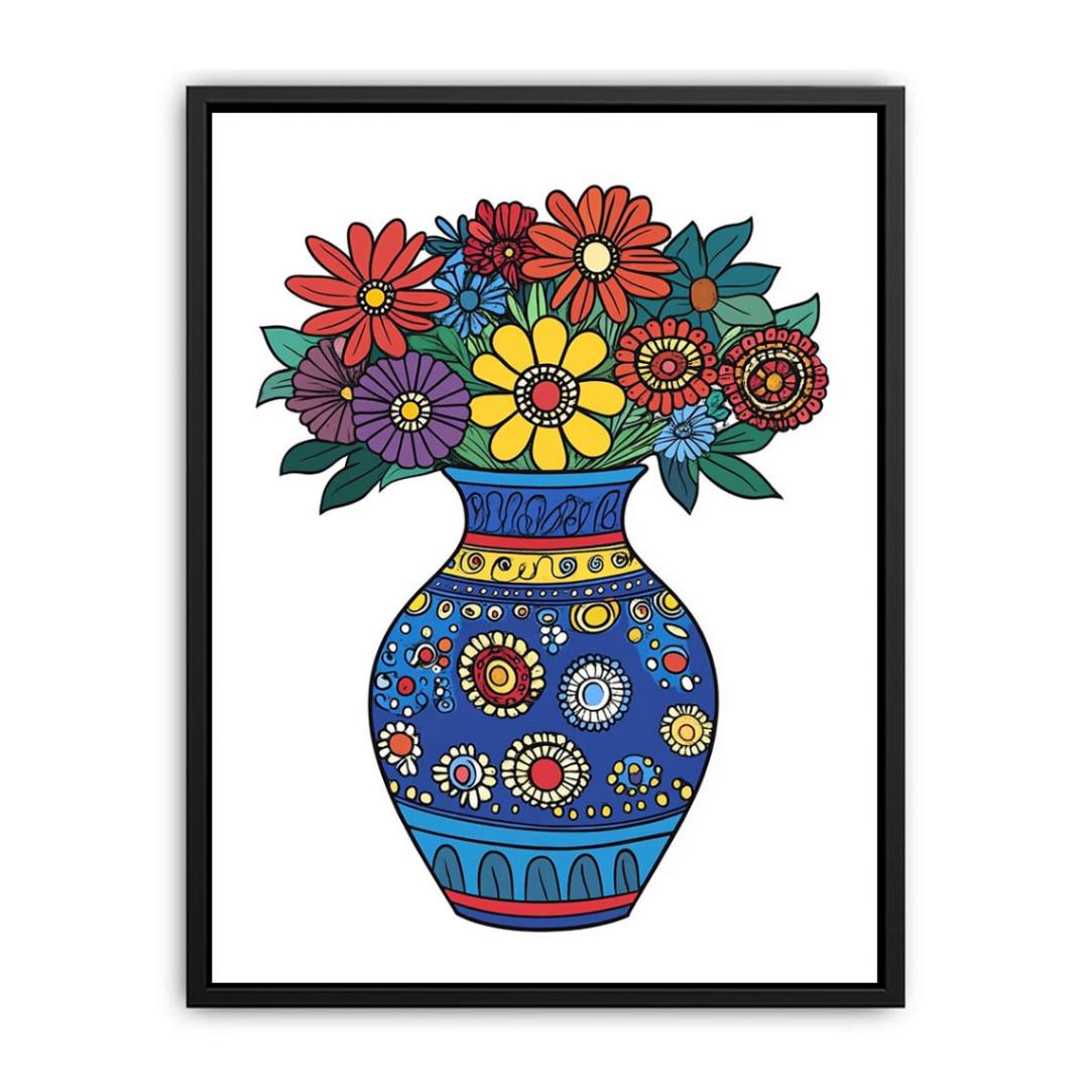 Folk floral canvas art with blue vase and bright flowers for kids room decor.
