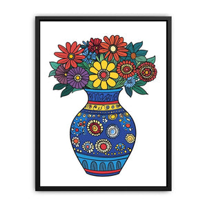 Folk floral canvas art with blue vase and bright flowers for kids room decor.