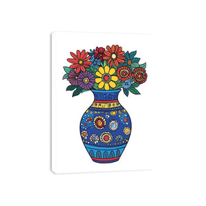 Folk floral canvas art with blue vase and bright flowers for kids room decor.