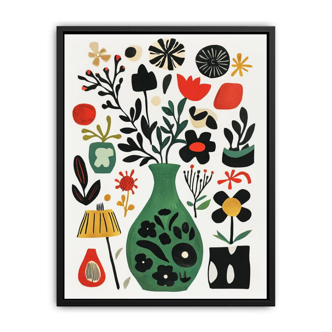 Modern floral artwork with abstract vase and botanical shapes for playroom decor.