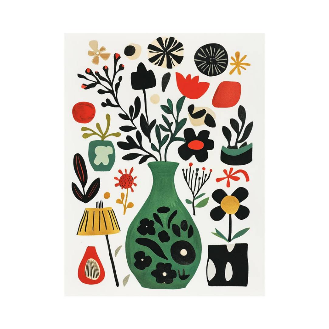 Modern floral artwork with abstract vase and botanical shapes for playroom decor.