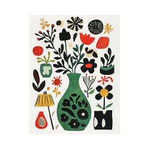 Modern floral artwork with abstract vase and botanical shapes for playroom decor.