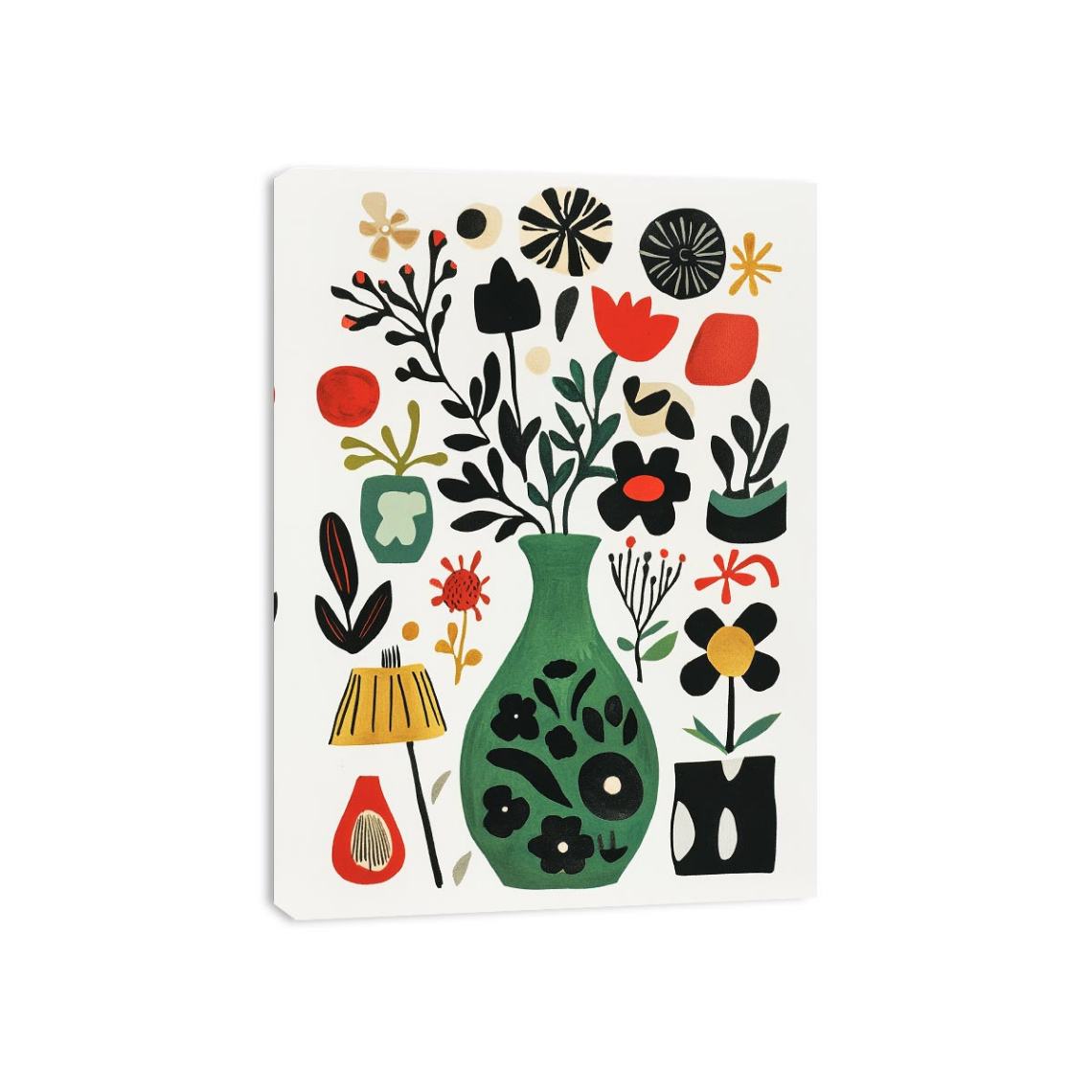 Modern floral artwork with abstract vase and botanical shapes for playroom decor.
