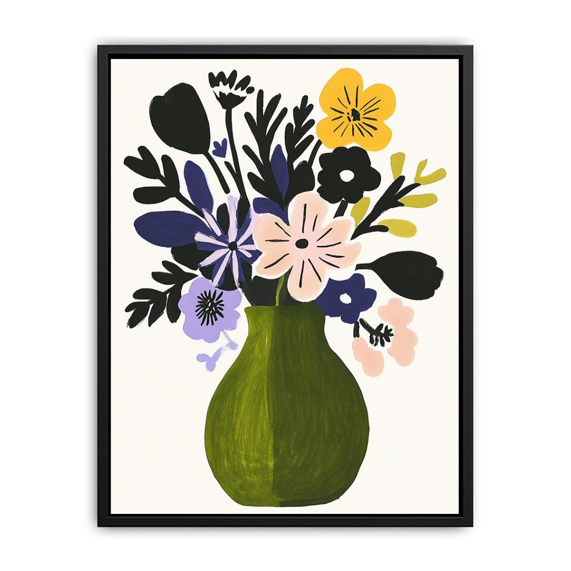Abstract floral canvas print with green vase and pastel flowers for bedroom decor.