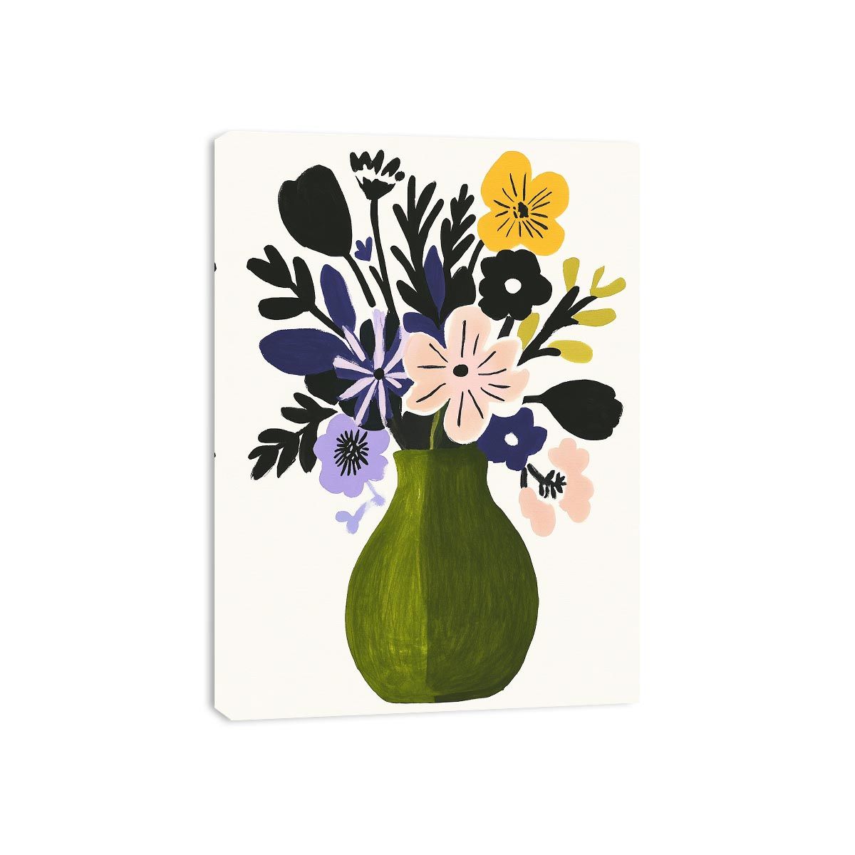 Abstract floral canvas print with green vase and pastel flowers for bedroom decor.