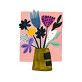 Graphic floral canvas art with pink background and bold flowers for modern decor.