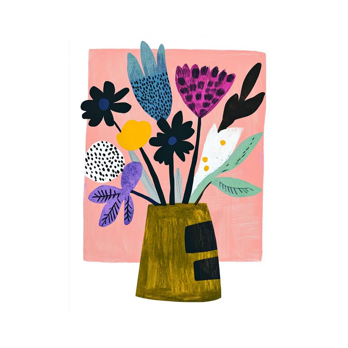 Graphic floral canvas art with pink background and bold flowers for modern decor.