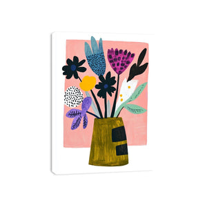 Graphic floral canvas art with pink background and bold flowers for modern decor.
