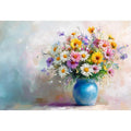 Daisy floral canvas with blue vase for elegant living room decor.