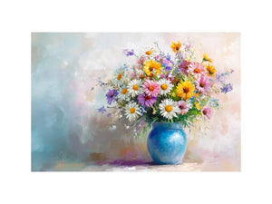 Daisy floral canvas with blue vase for elegant living room decor.