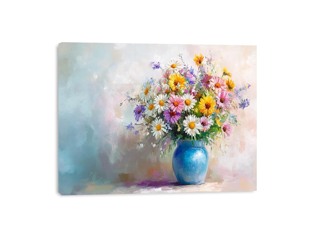 Daisy floral canvas with blue vase for elegant living room decor.