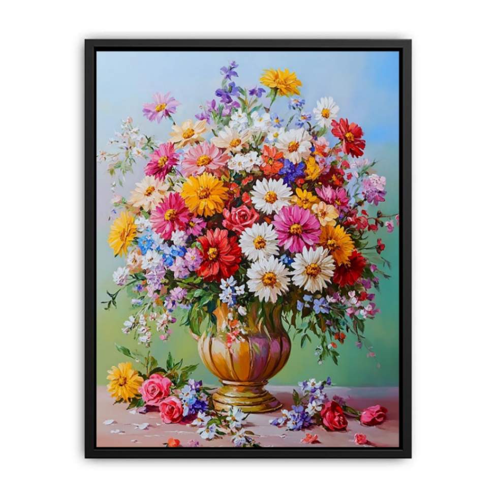 Colorful floral bouquet canvas art for elegant living room decor.