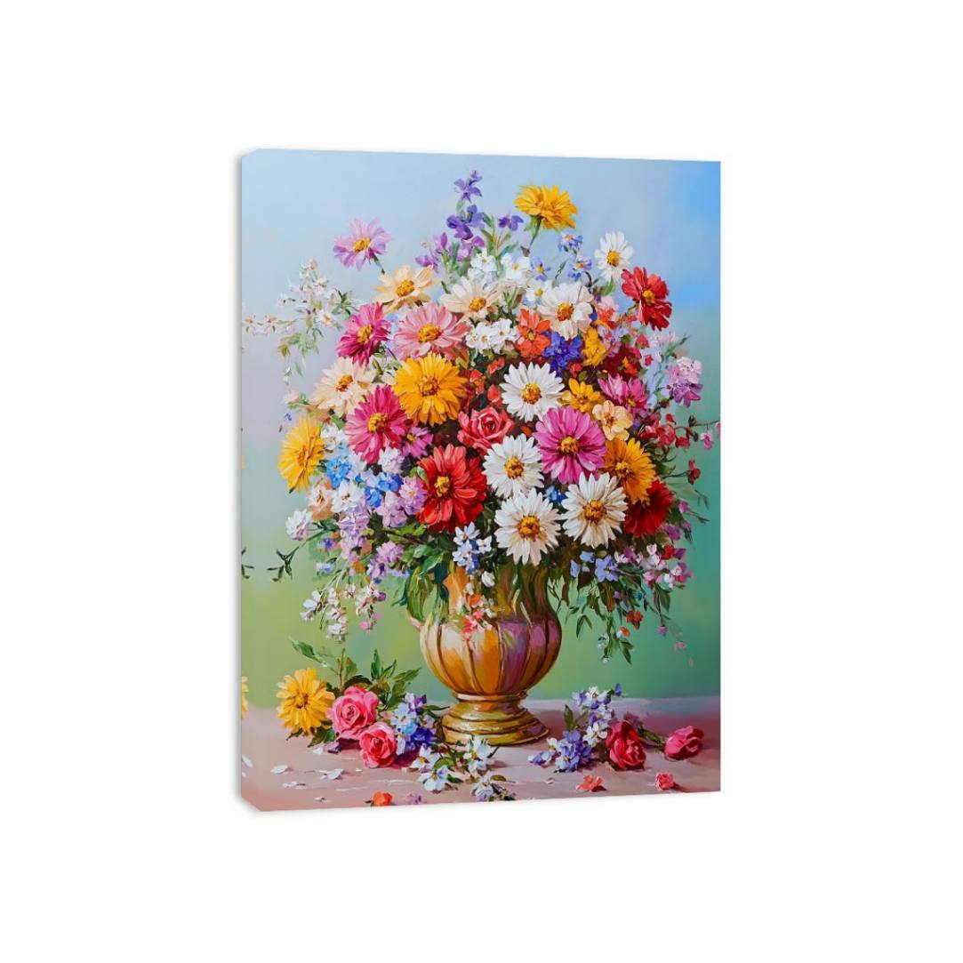 Colorful floral bouquet canvas art for elegant living room decor.