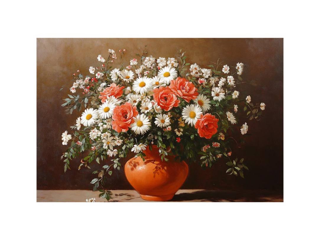 Traditional daisy and rose still life canvas art for dining room decor.