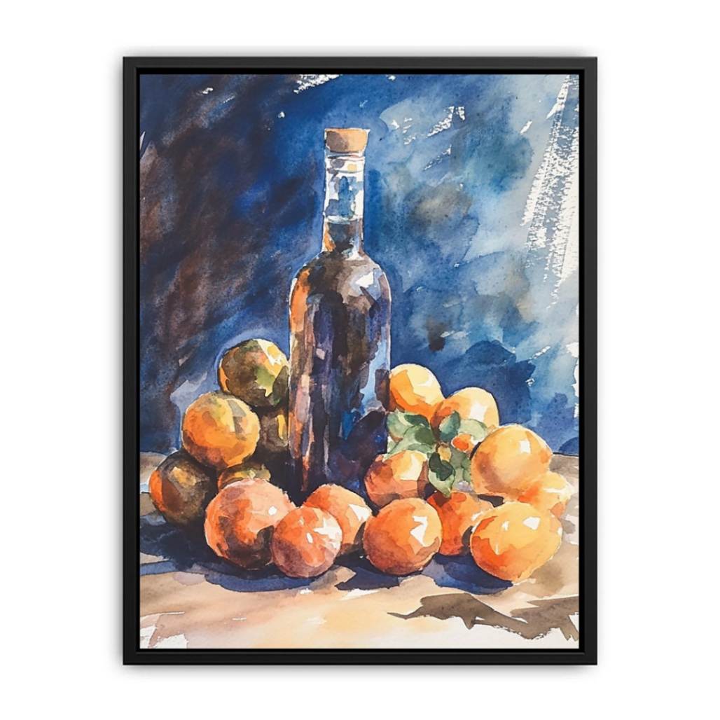 Watercolor orange and bottle still life canvas art for kitchen decor.