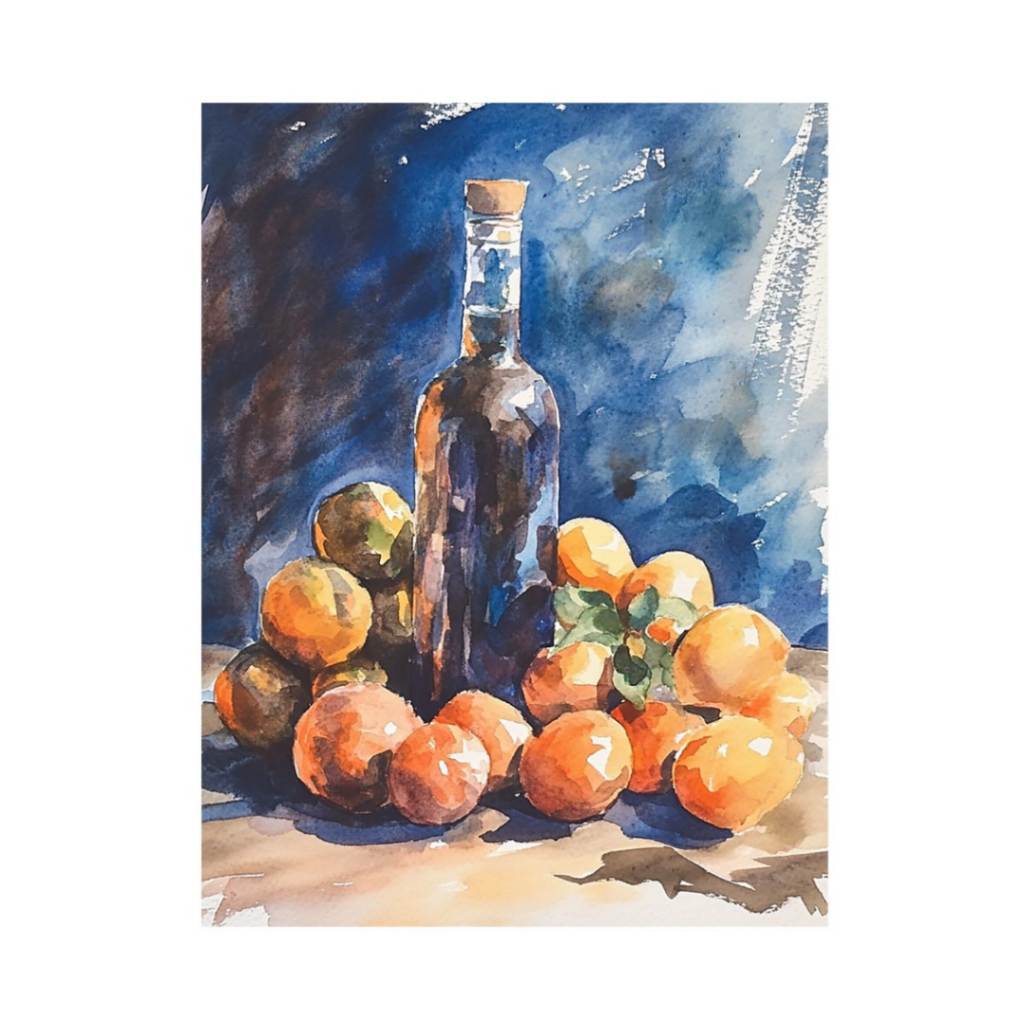 Watercolor orange and bottle still life canvas art for kitchen decor.