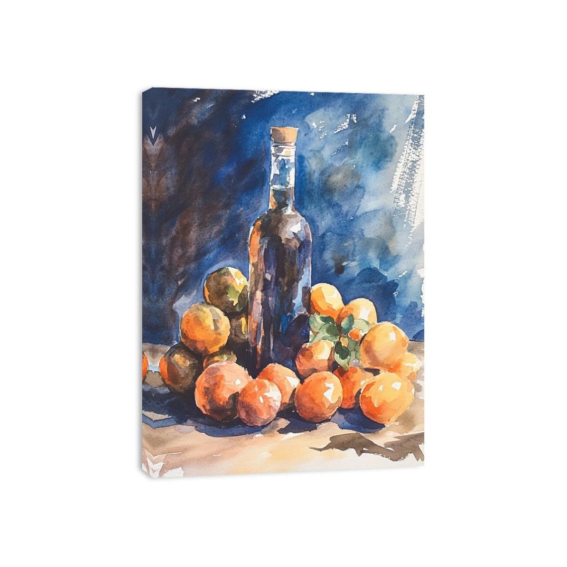 Watercolor orange and bottle still life canvas art for kitchen decor.