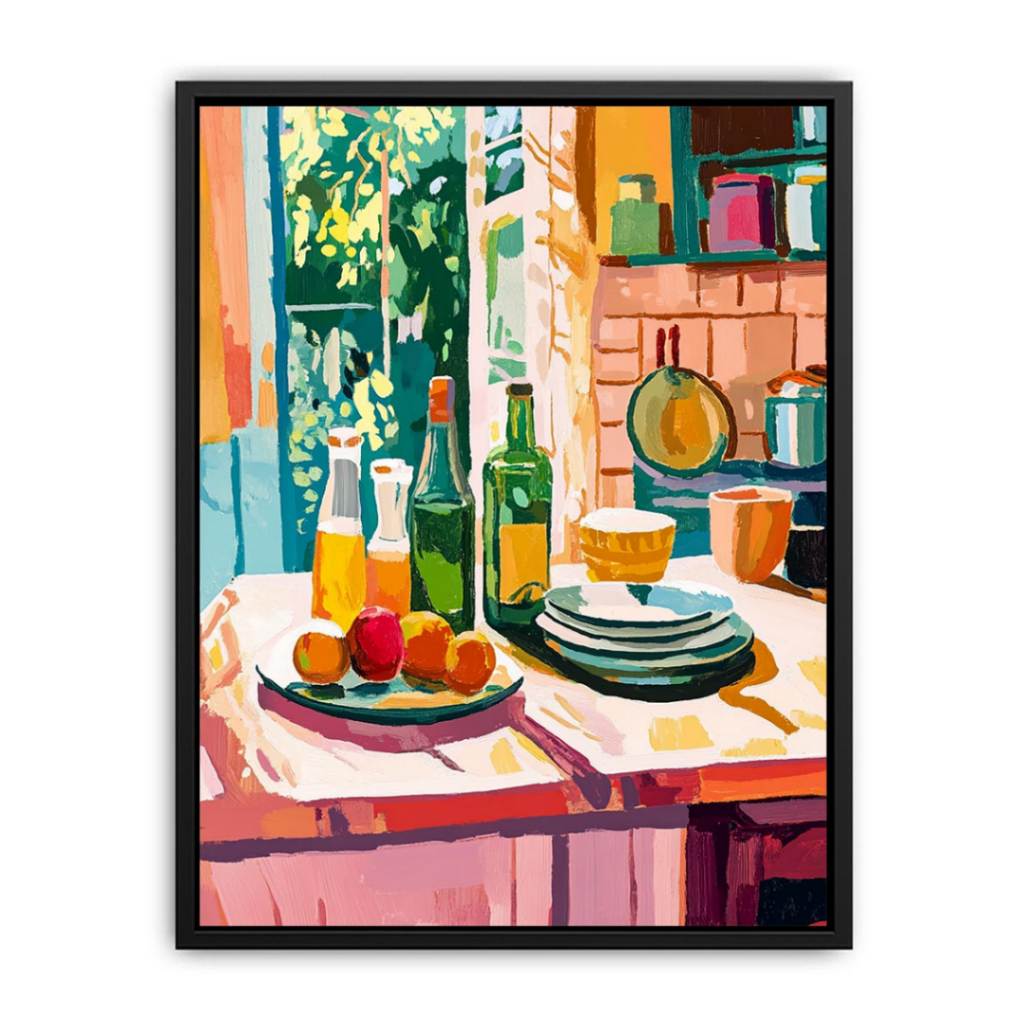 Colorful kitchen still life canvas print with bottles and plates for dining decor.