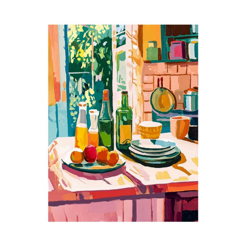 Colorful kitchen still life canvas print with bottles and plates for dining decor.