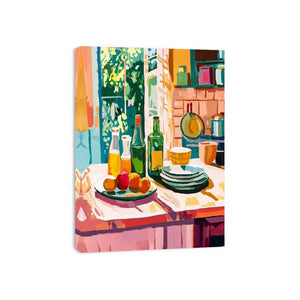 Colorful kitchen still life canvas print with bottles and plates for dining decor.
