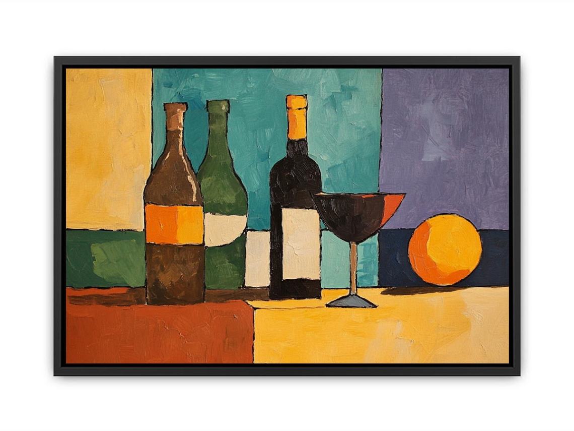 Modern cubist bottle and wine glass canvas art for dining room decor.