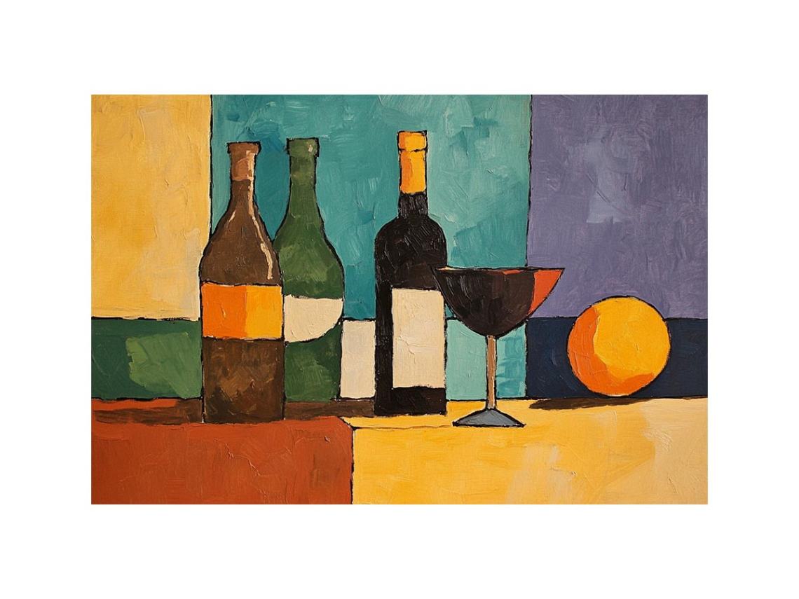 Modern cubist bottle and wine glass canvas art for dining room decor.