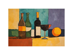 Modern cubist bottle and wine glass canvas art for dining room decor.