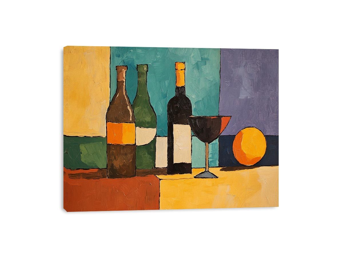 Modern cubist bottle and wine glass canvas art for dining room decor.