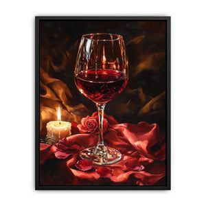 Romantic wine glass and candle canvas art for moody dining room decor.