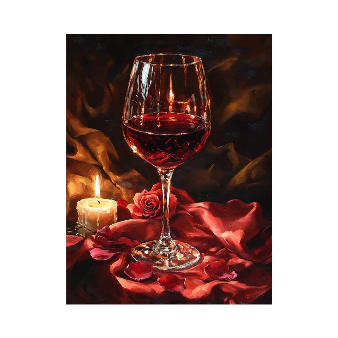Romantic wine glass and candle canvas art for moody dining room decor.